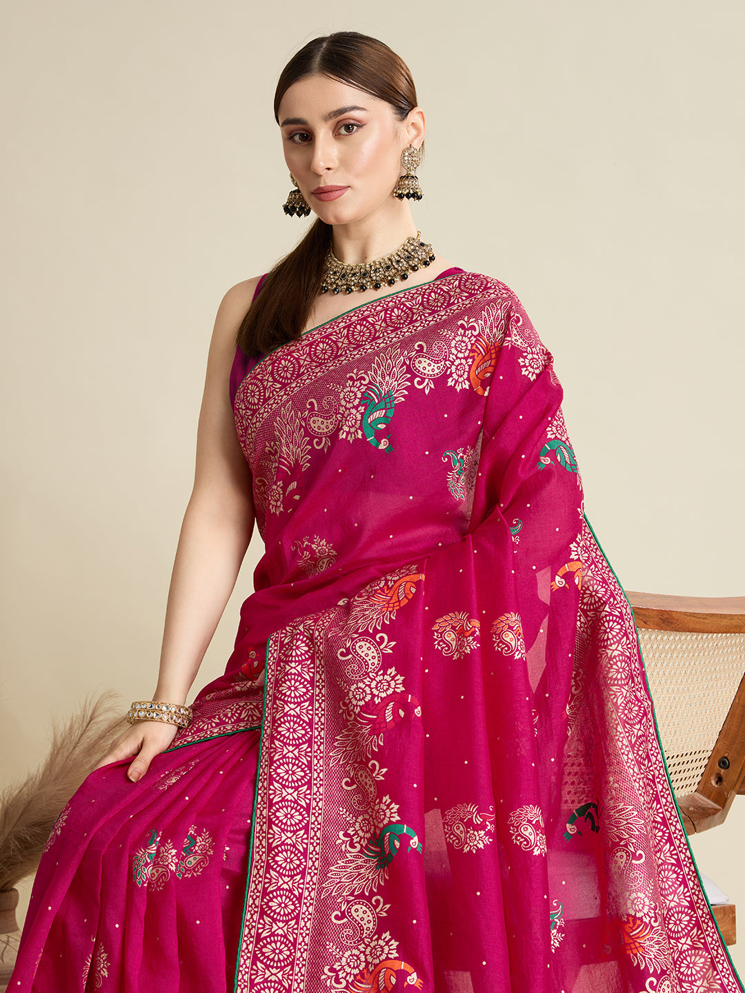 Pink Cotton Saree With Table Printed And Foil Work With Pipeing Border