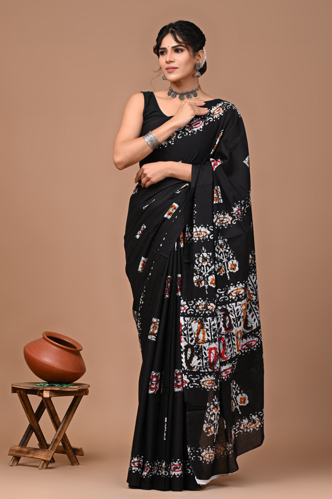 Black Pure Mulmul Cotton Saree With Bagru Hand Block Printed Work