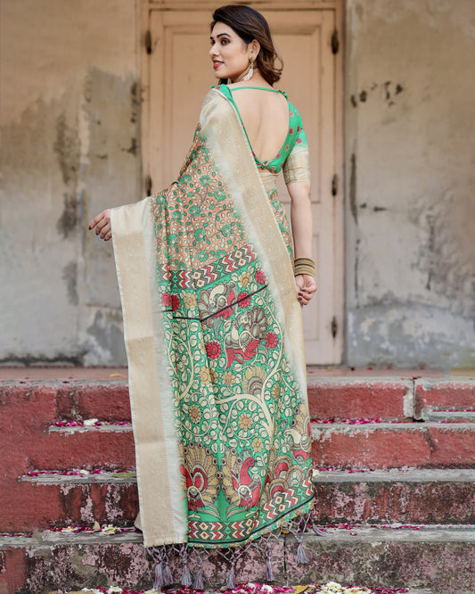 Multi Kalamkari Digital Printed Dola Silk Saree With Gold Zari Border