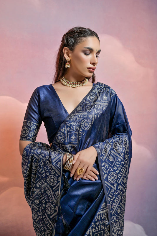 Navy Blue Color Handloom Raw Silk Saree With Contrast Weaving Work