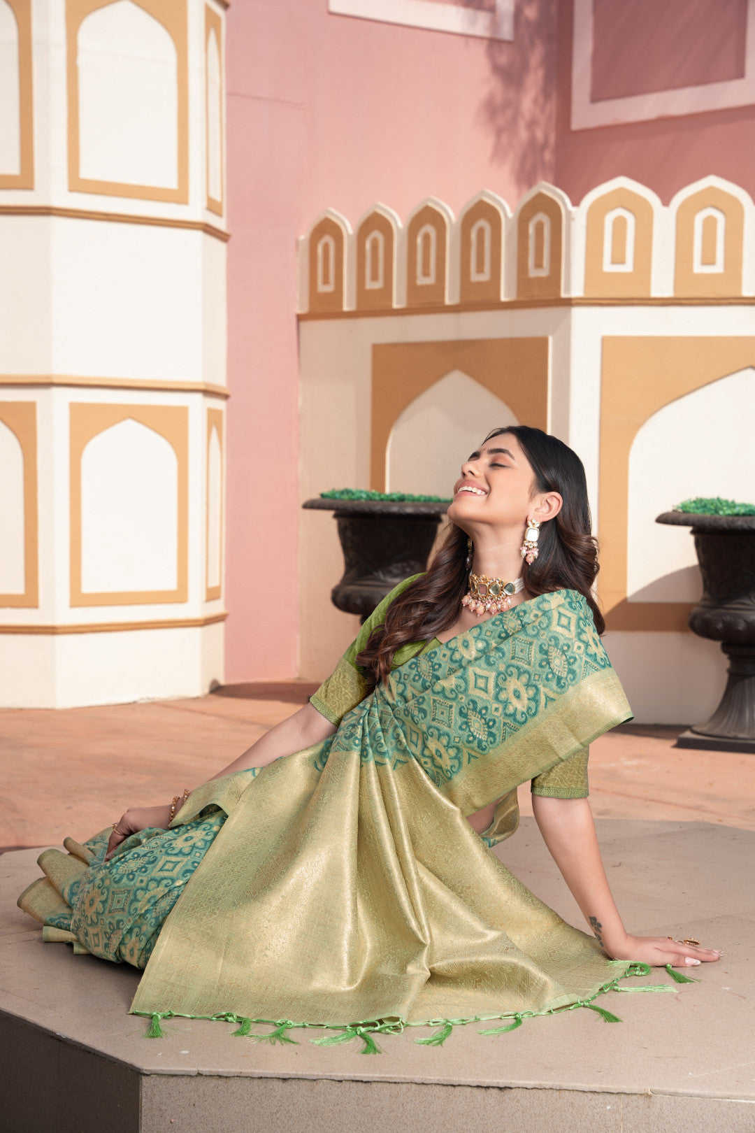 Green Cotton Ikkat Silk Saree With Zari Woven Work