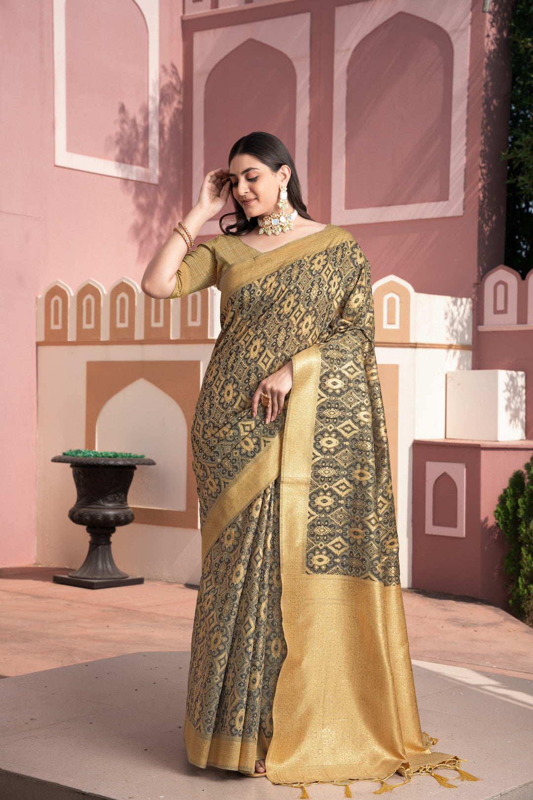 Brown Cotton Ikkat Silk Saree With Zari Woven Work