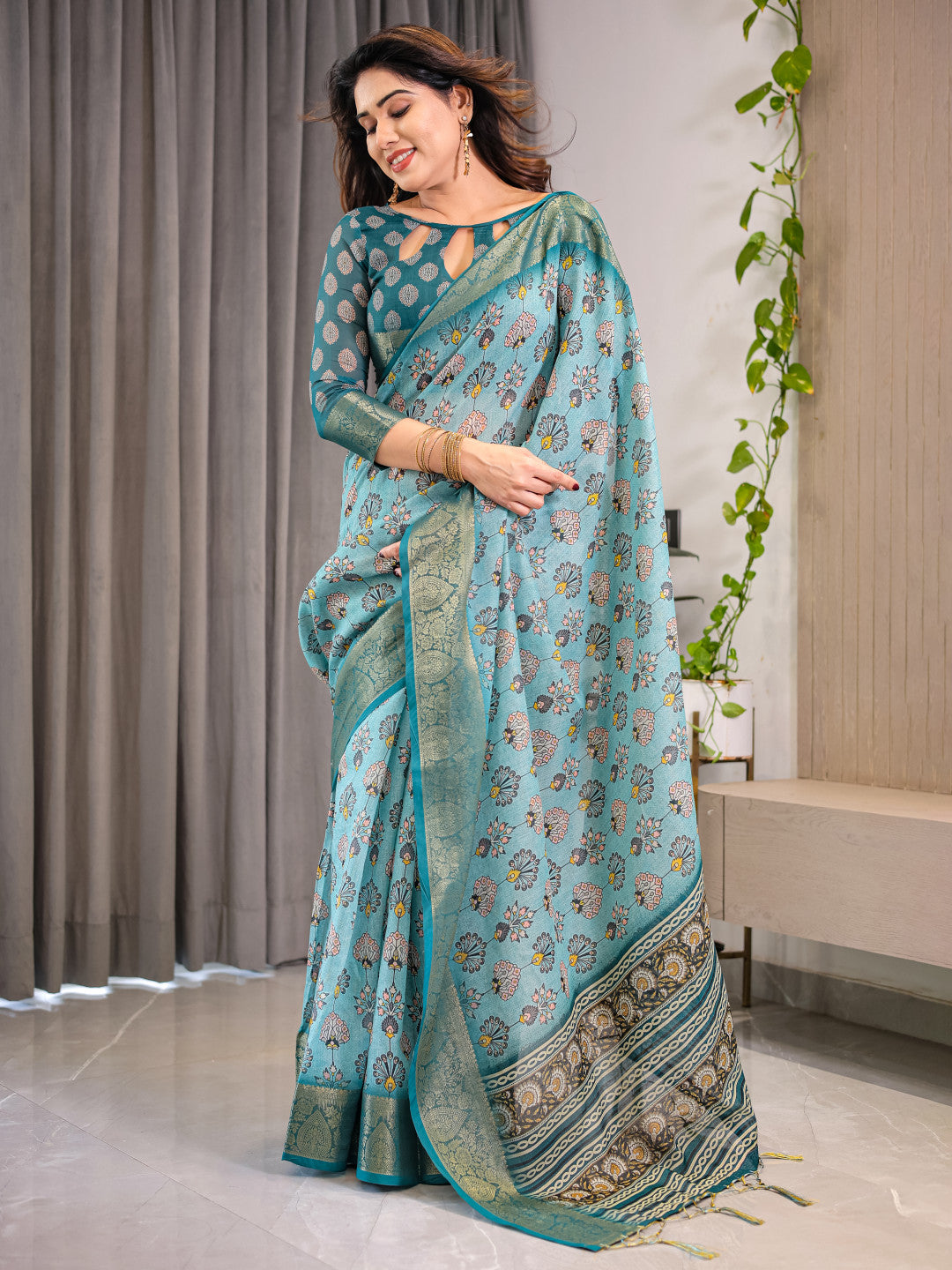 Kalamkari Digital Printed Linen Cotton Saree