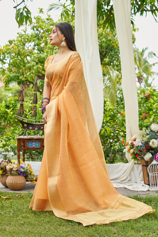 Orange Color Linen Cotton Saree With Zari Weaving Border