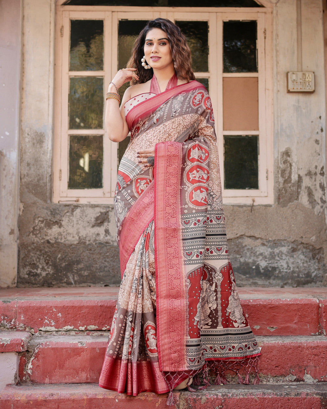 Multi Kalamkari Digital Printed Tussar Silk Saree With Zari Motif Border