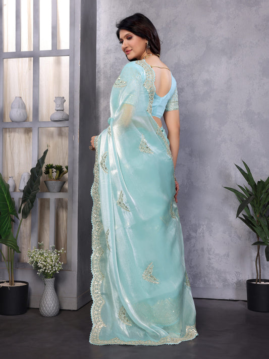 Sky Blue Fancy Shimmer Chiffon Saree With Embroidery Work