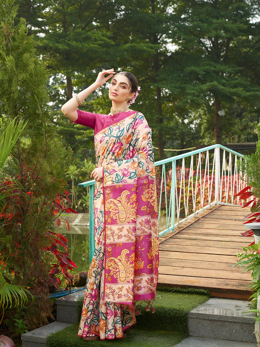 Rani Pink Kalamkari Printed Designer Tussar Silk Saree