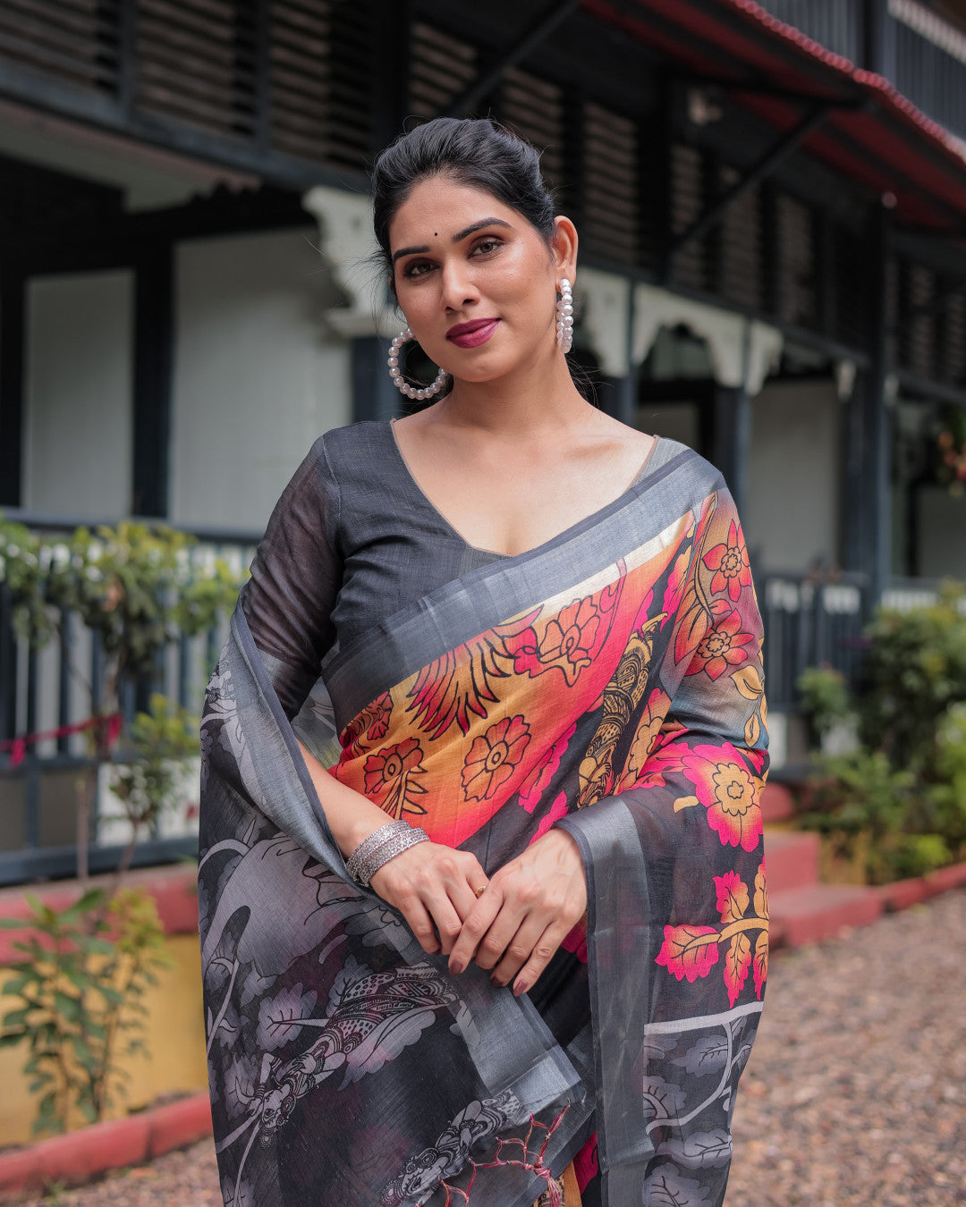 Multi Soft Linen Cotton Saree With Kalamkari Digital Printed Work