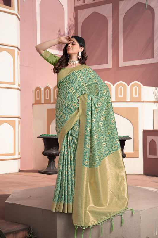 Green Cotton Ikkat Silk Saree With Zari Woven Work