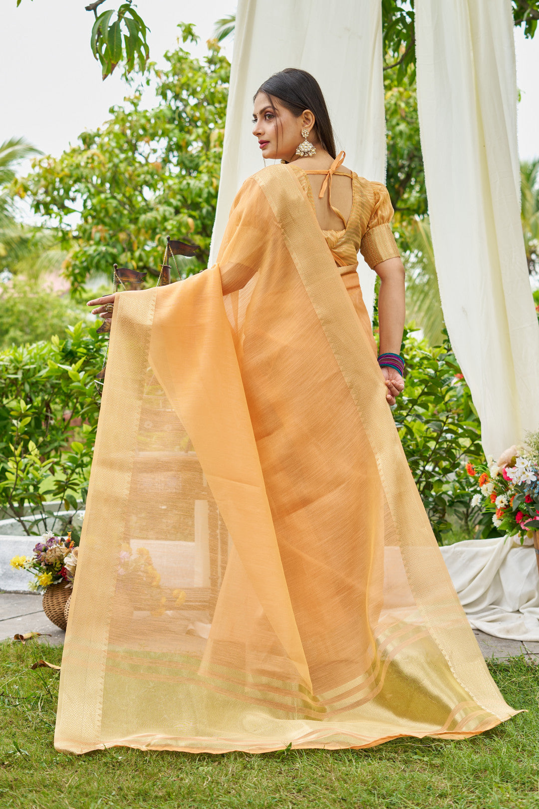 Orange Color Linen Cotton Saree With Zari Weaving Border