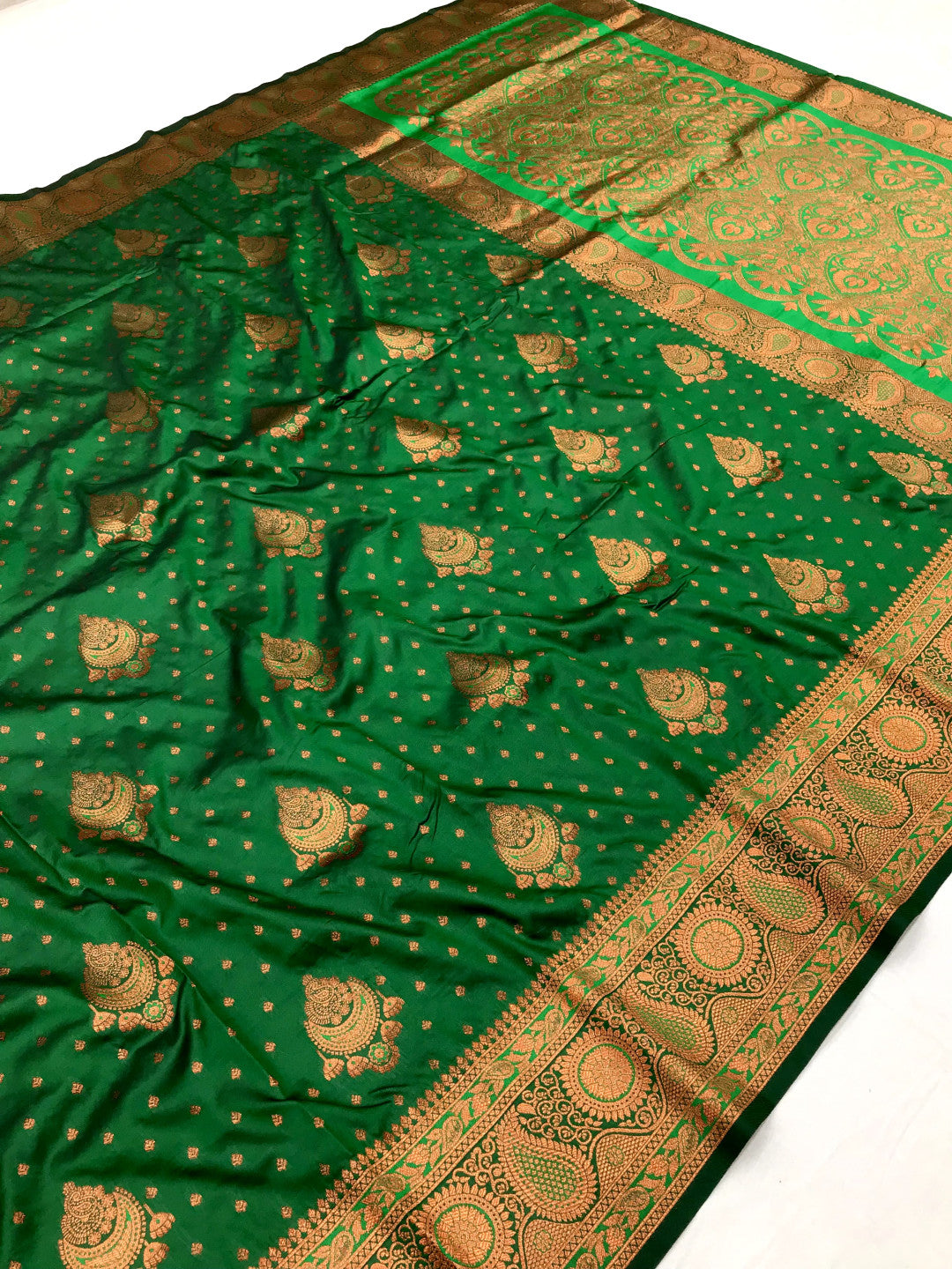 Green Elegant Banarasi Silk Saree With Copper Zari Woven Work