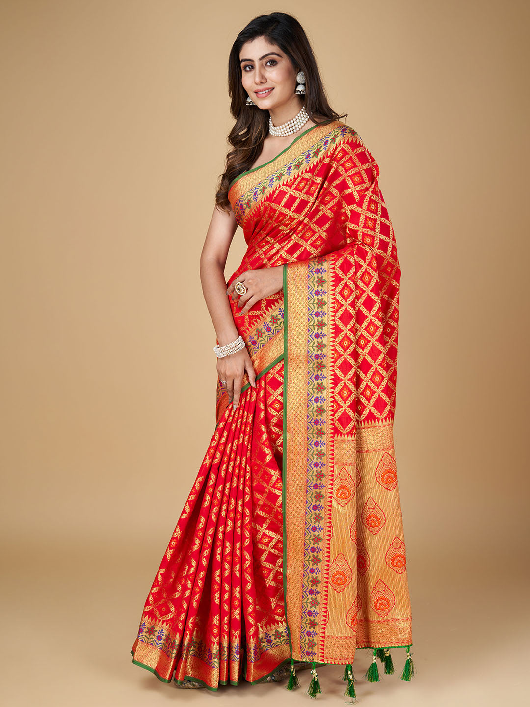 Red Color Patola Silk Saree With Zari Weaving Work