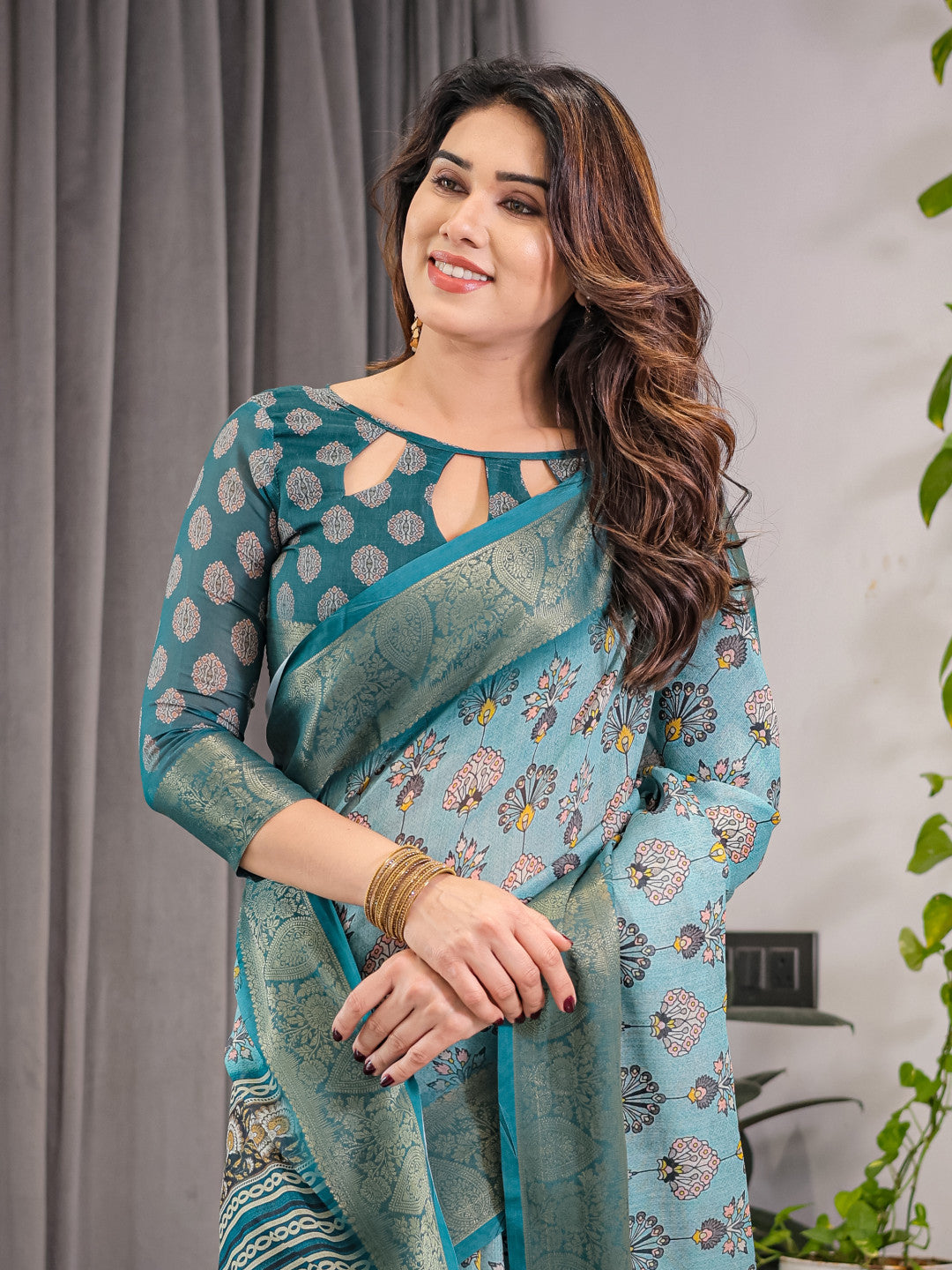 Kalamkari Digital Printed Linen Cotton Saree