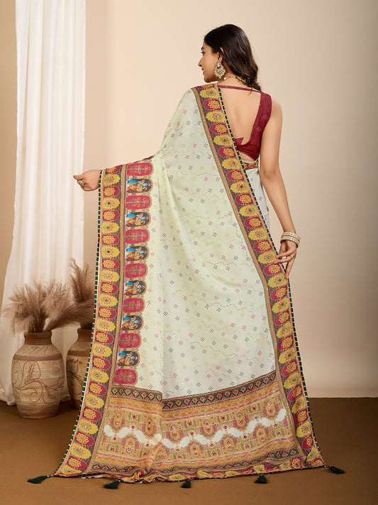 Pista Green Fancy Muslin Cotton Saree With Digital Printed Work