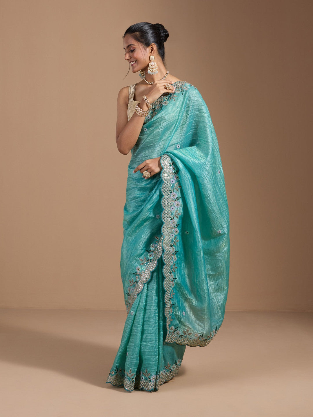 Sea Green Gold Crush Silk Saree With Thread Sequence Work With Beautiful Cutting Border