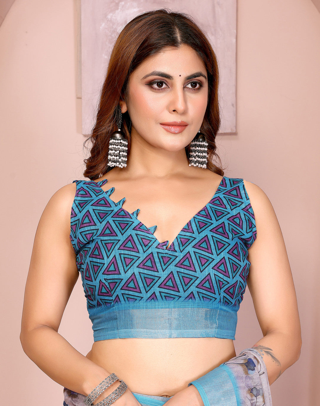 Lavender Linen Cotton Saree With Digital Printed Work And Silver Zari Border