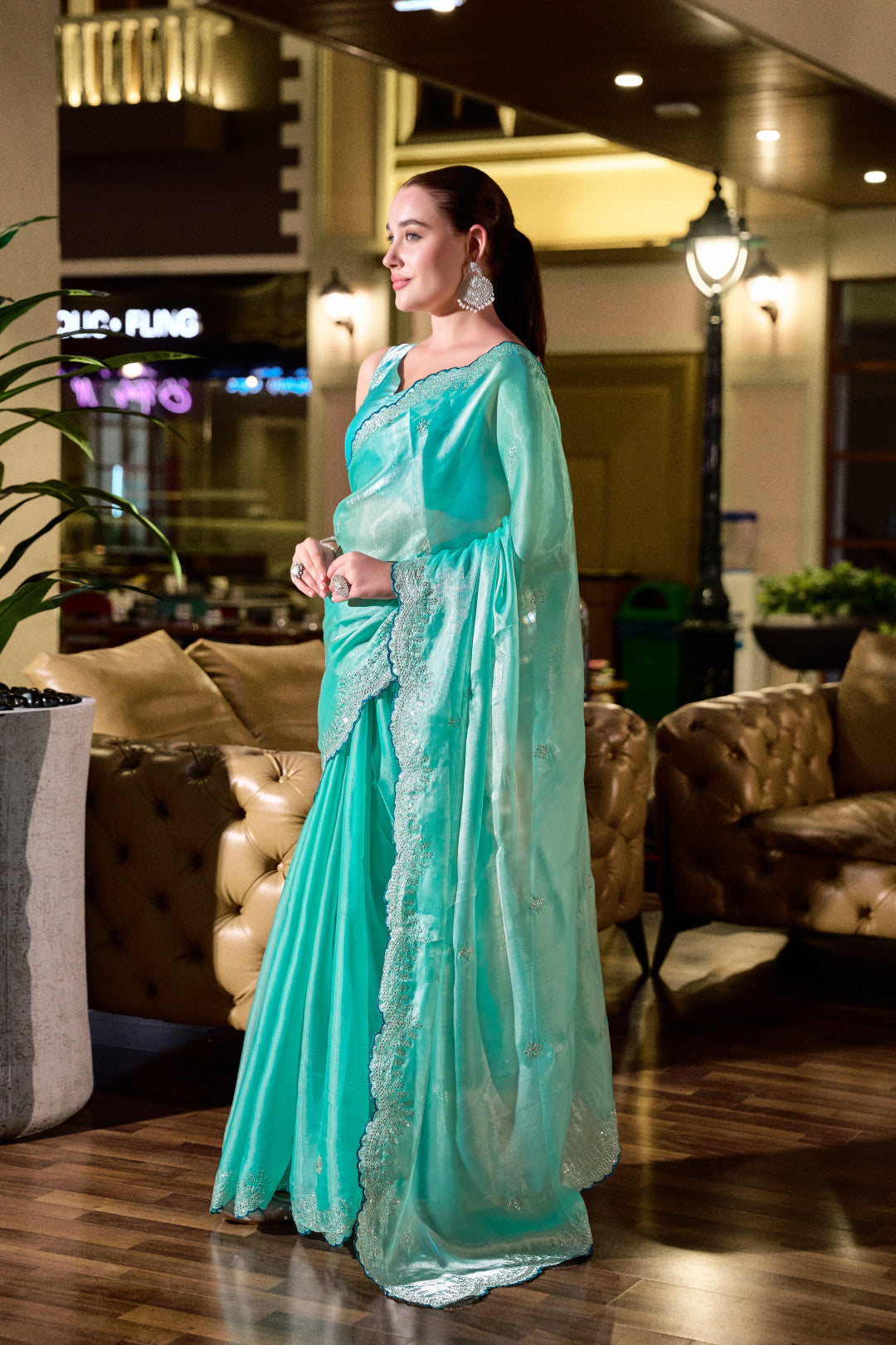 Sea Green Fancy Shimmer Chiffon Saree With Embroidery Work