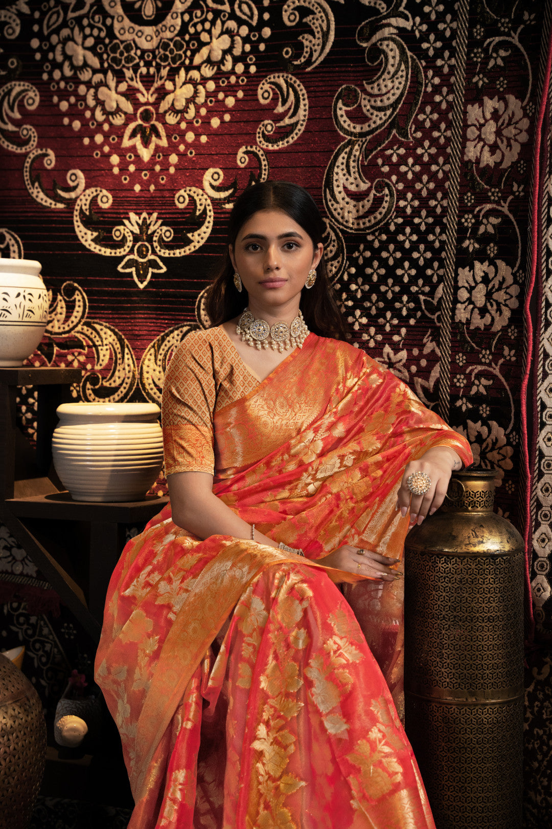 Red Jimmy Choo Saree With Weaving Work
