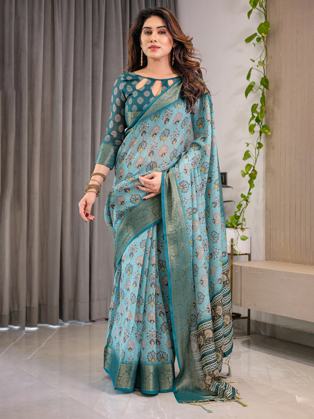 Kalamkari Digital Printed Linen Cotton Saree