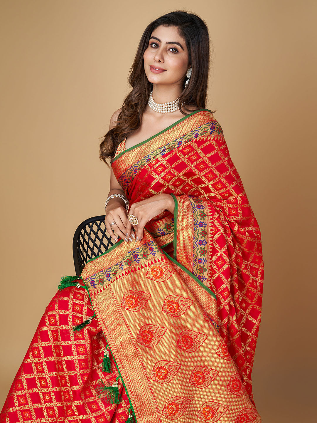Red Color Patola Silk Saree With Zari Weaving Work