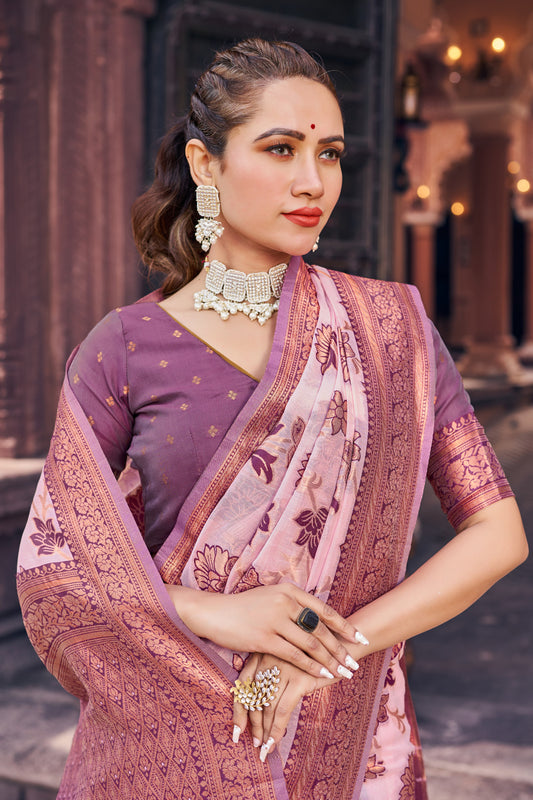 Pink Color Soft Organza Silk Saree With Zari Weaving Work