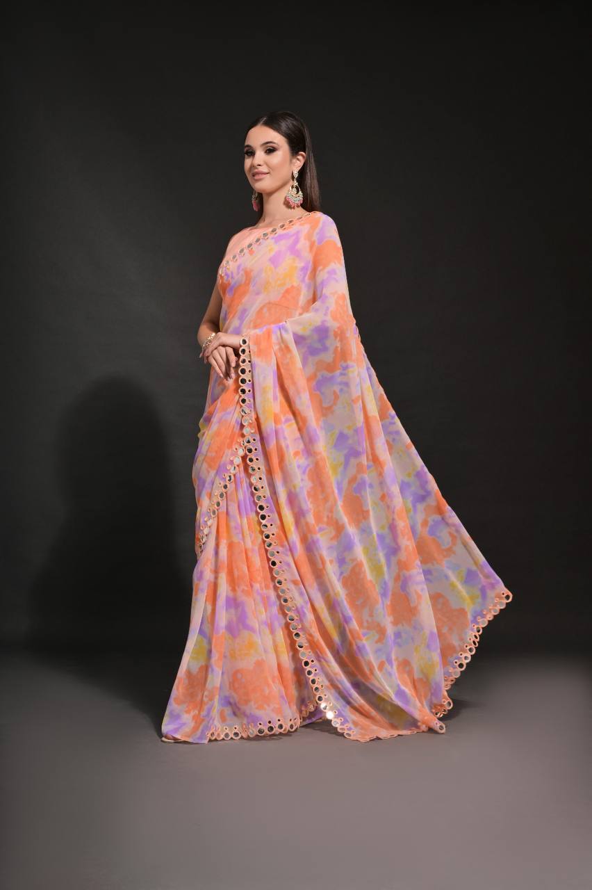Orange Fancy Chiffon Silk Saree With Prizam Printed Work And Foil Mirror Work Border