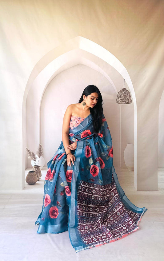 Multi Digital Printed Flowy Linen Cotton Saree
