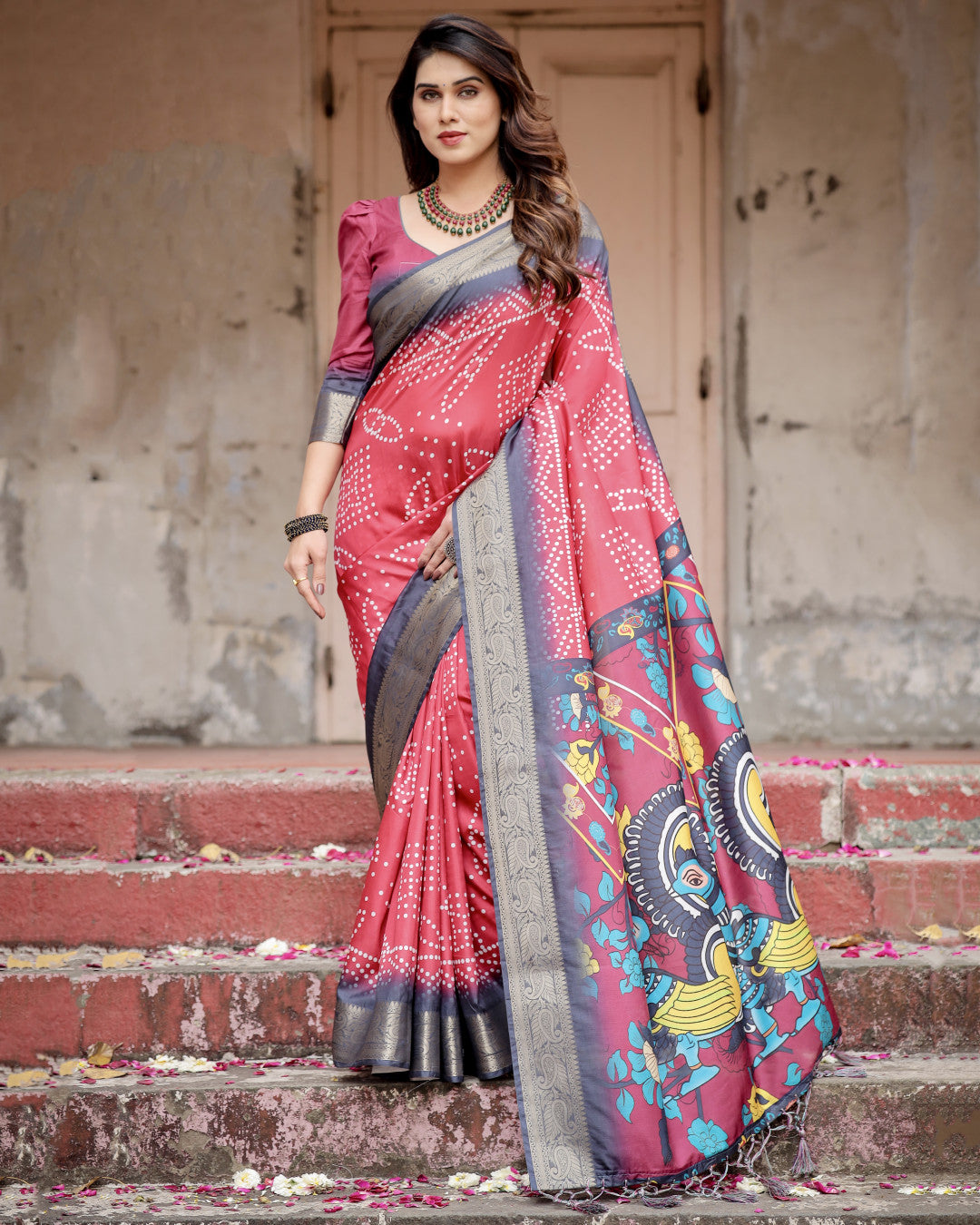 Pink Kalamkari Digital Printed Dola Silk Saree With Gold Zari Border
