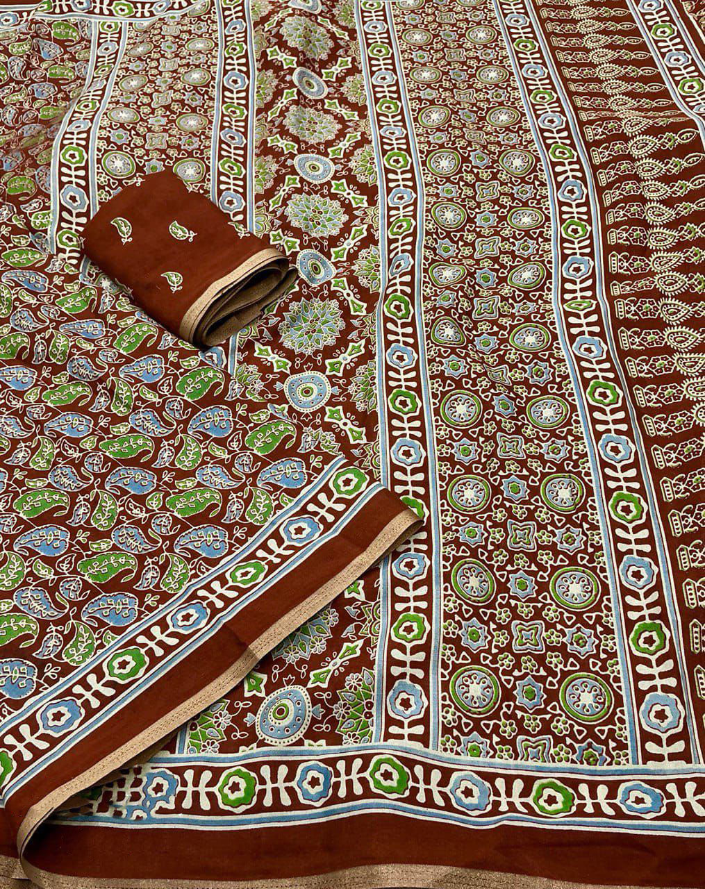 Brown Ajrakh Printed Soft Cotton Saree