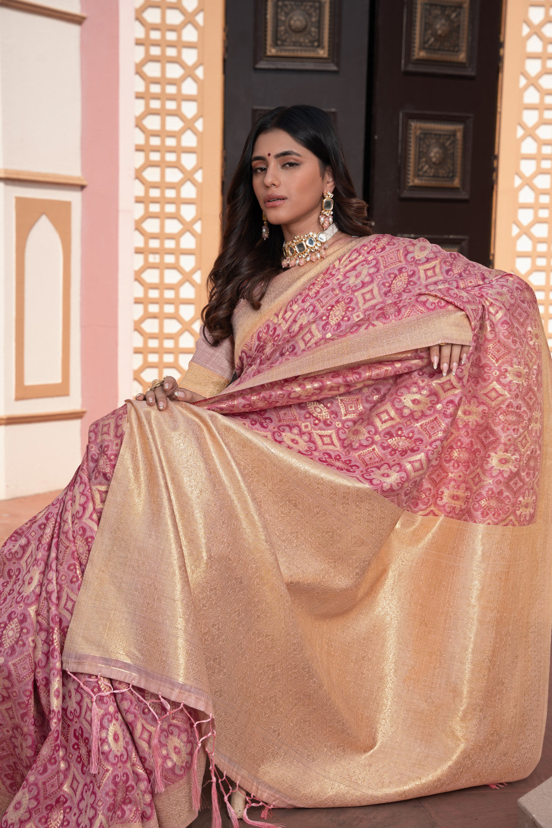 Pink Cotton Ikkat Silk Saree With Zari Woven Work