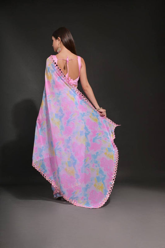 Baby Pink Fancy Chiffon Silk Saree With Prizam Printed Work And Foil Mirror Work Border
