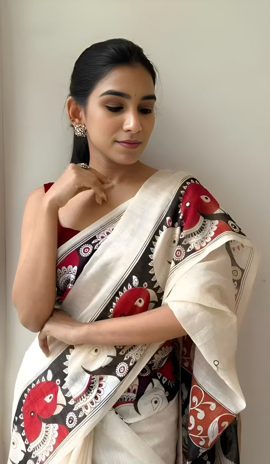 Off White Colour Chanderi Cotton Saree With Digital Printed Work