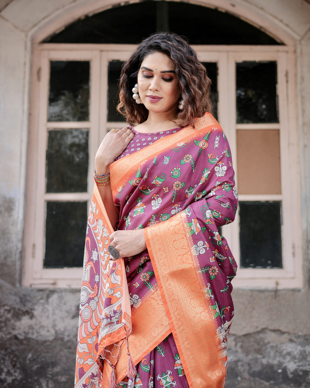 Magenta Kalamakari Digital Printed Tussar Silk Saree With Zari Motif Border