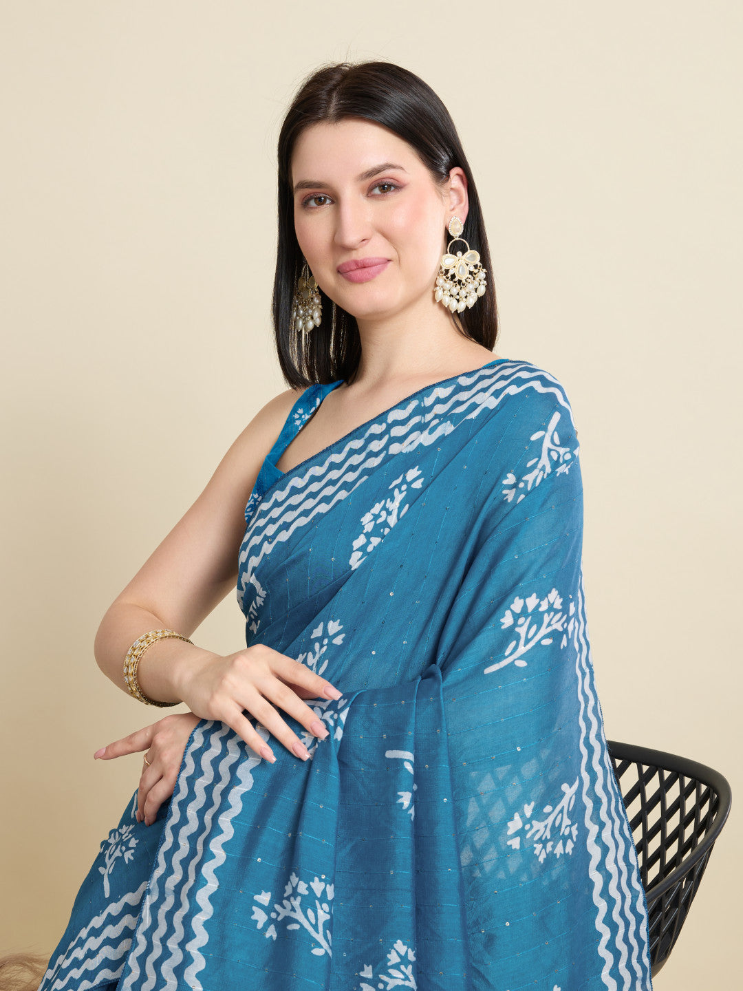 Firoji Batik Printed Soft Cotton Saree With Sequence Work