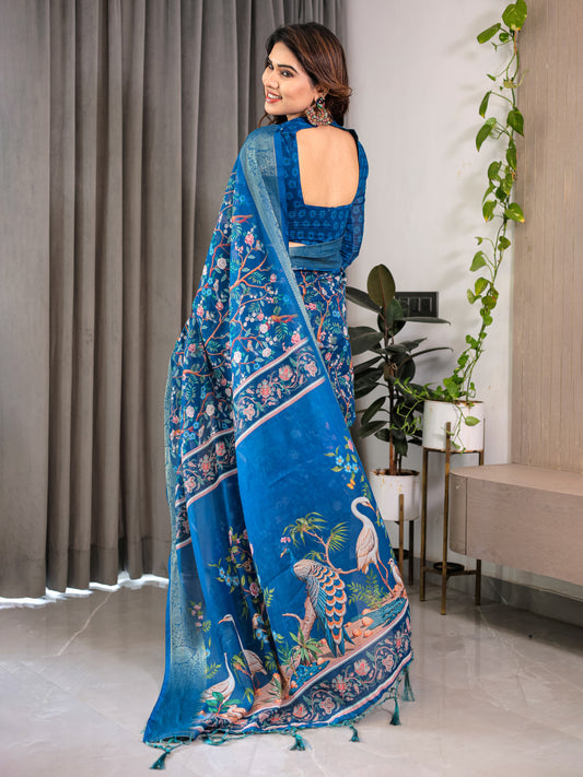 Blue Kalamkari Digital Printed Linen Cotton Saree