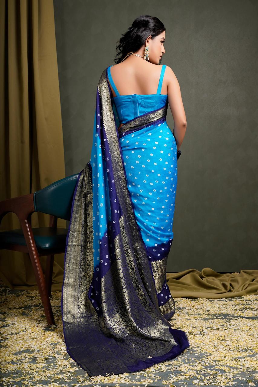 Hand Bandhej Bandhani Saree With Zari Border