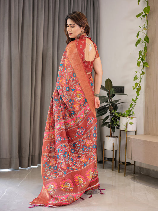 Maroon Kalamkari Digital Printed Linen Cotton Saree