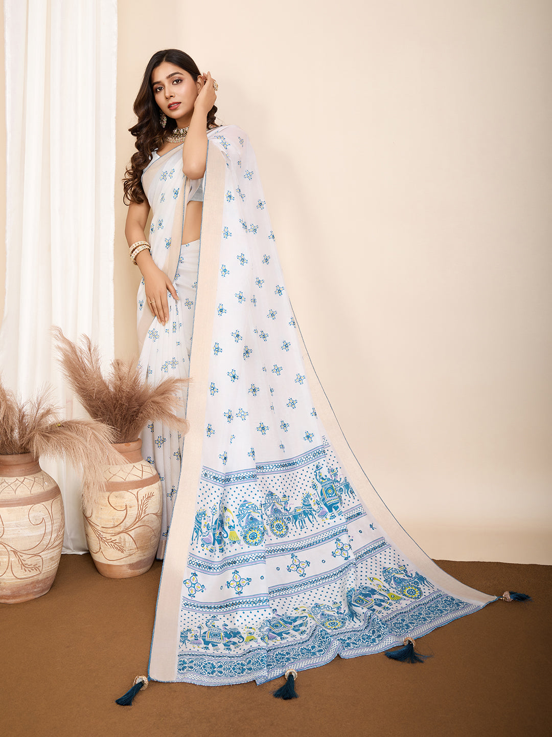 White Soft Cotton Saree With Printed Work
