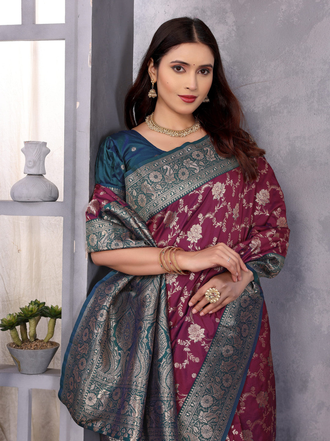Wine Premium Banarasi Silk Saree With Zari Weaving Work