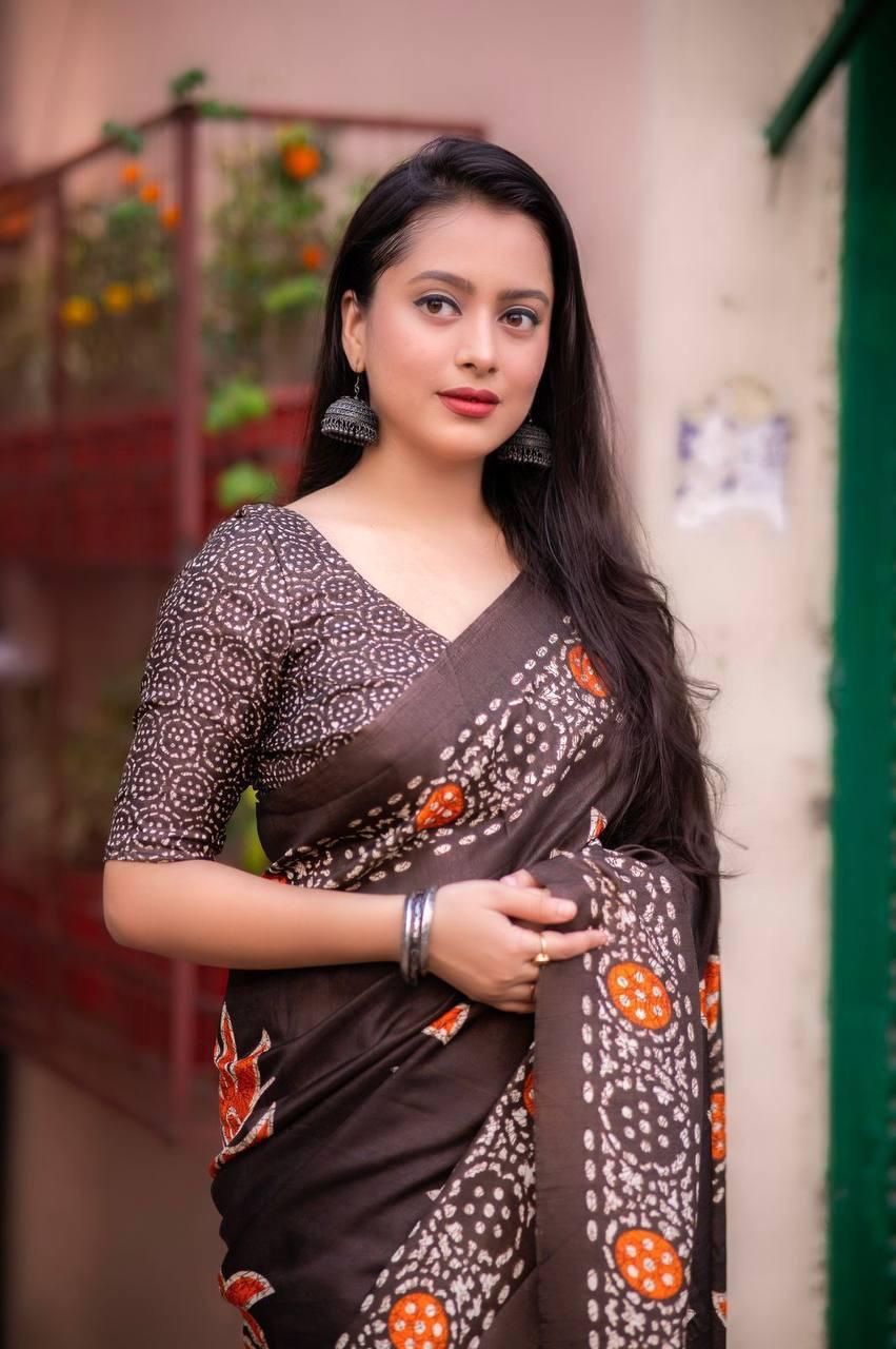 Coffee Soft Linen Cotton Saree With Digital Printed Work