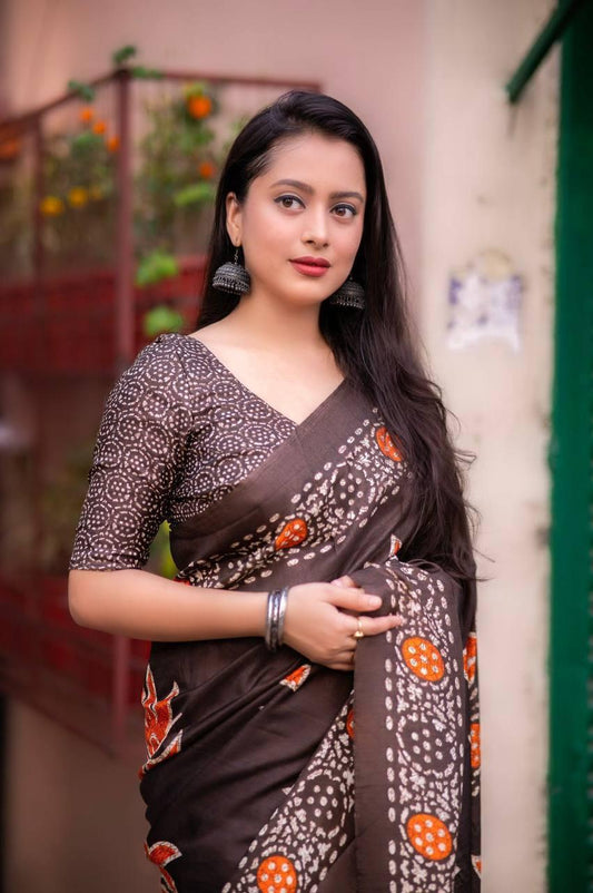 Coffee Soft Linen Cotton Saree With Digital Printed Work