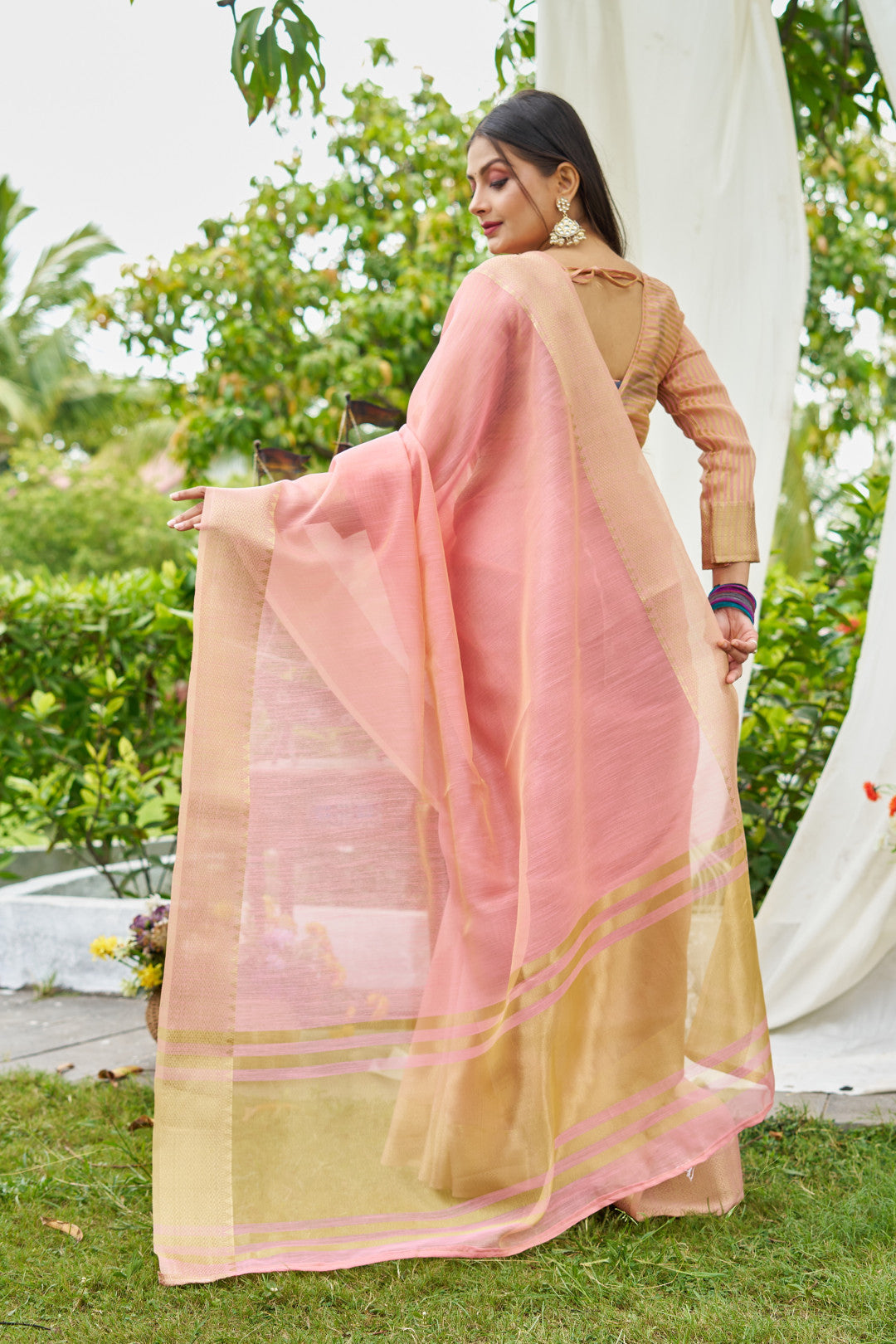 Pink Color Linen Cotton Saree With Zari Weaving Border
