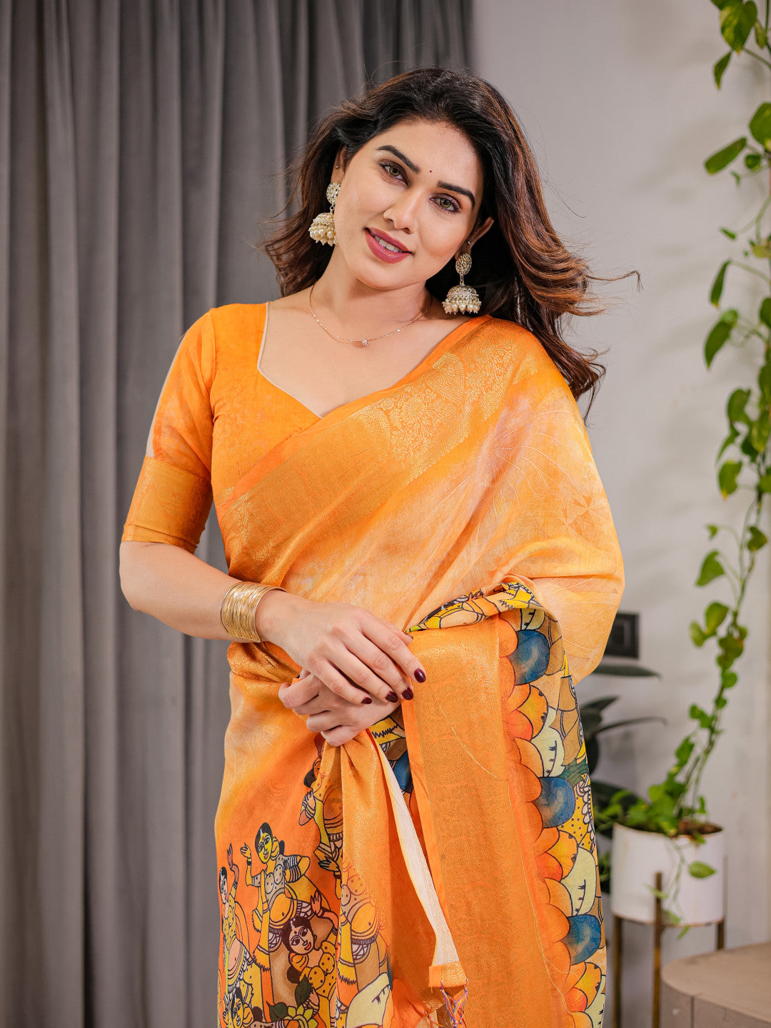 Kalamkari Digital Printed Linen Cotton Saree