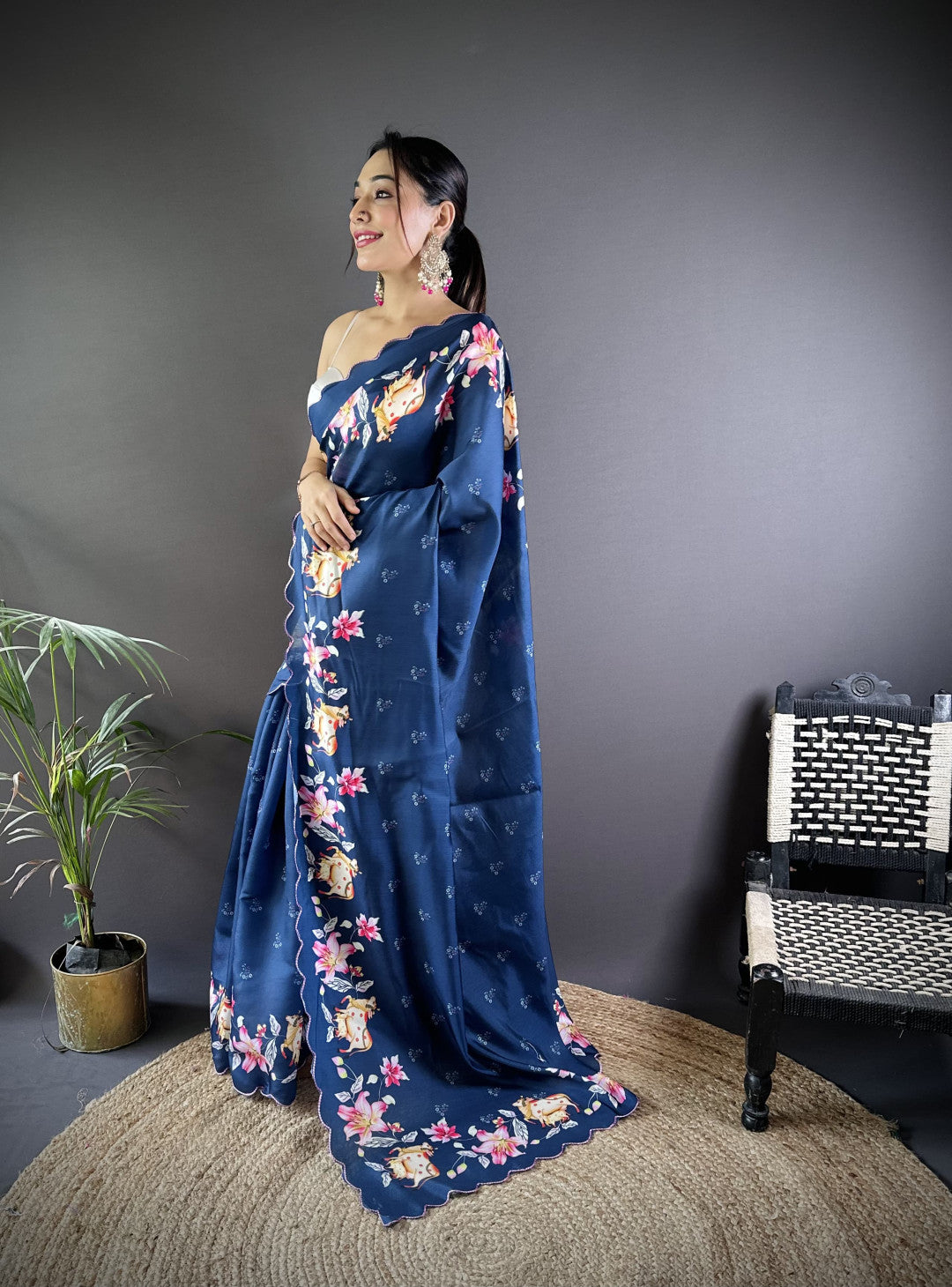 Blue Gadhwal Silk Saree With Pichwai Print And Embroidery Cut Work