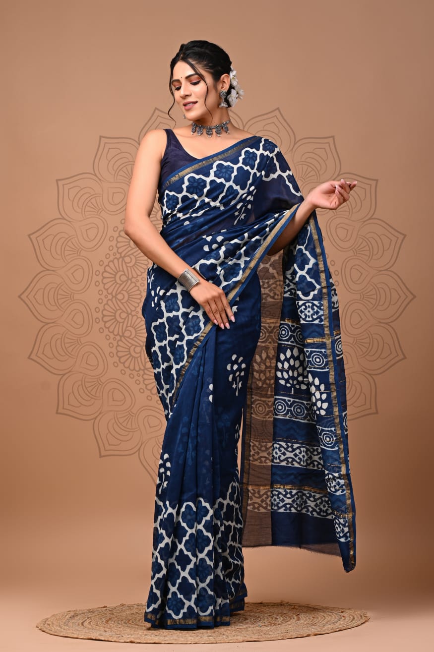 Navy Blue Colour Pure Chanderi Silk Saree With Bagru Handblock Printed Work