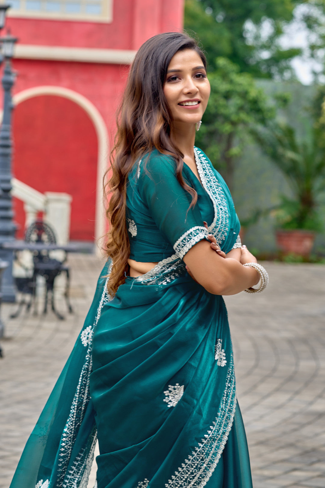 Rama Green Fancy Shimmer Chiffon Saree With Embroidery Work