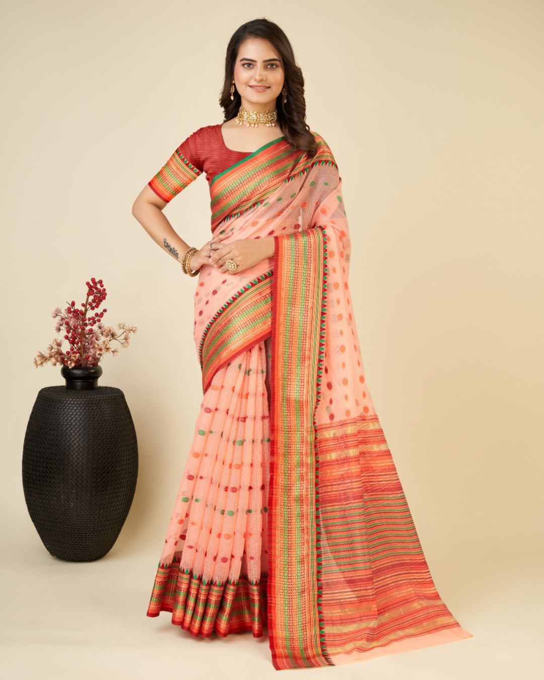 Peach Color Kota Doriya Saree With Zari Weaving Work