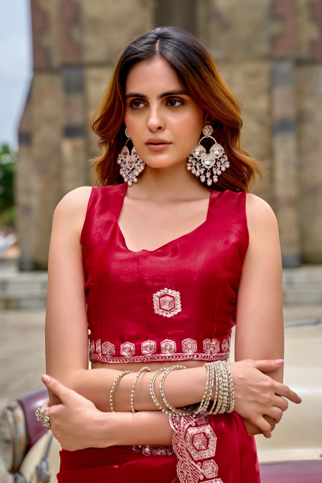 Red Fancy Shimmer Chiffon Saree With Embroidery Work