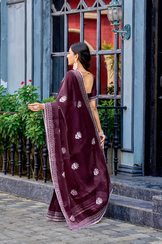 Wine Fancy Shimmer Chiffon Saree With Embroidery Work