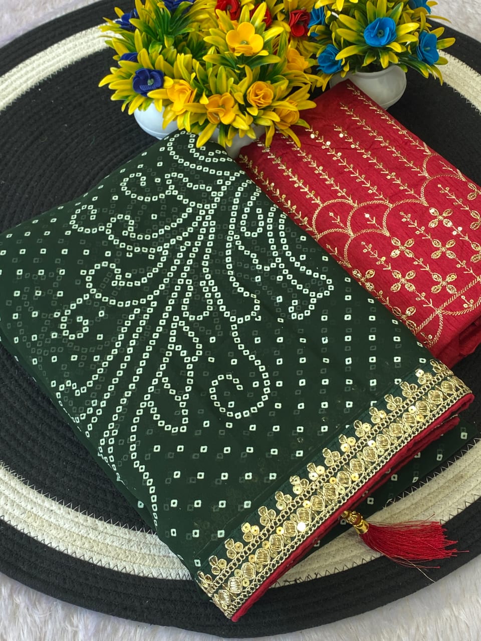 Green Color Georgette Bandhani Saree With Foil Print Work